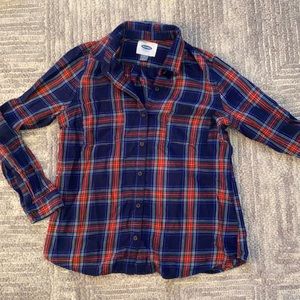 Flannel top, indigo blue , with red and green plaid detailing